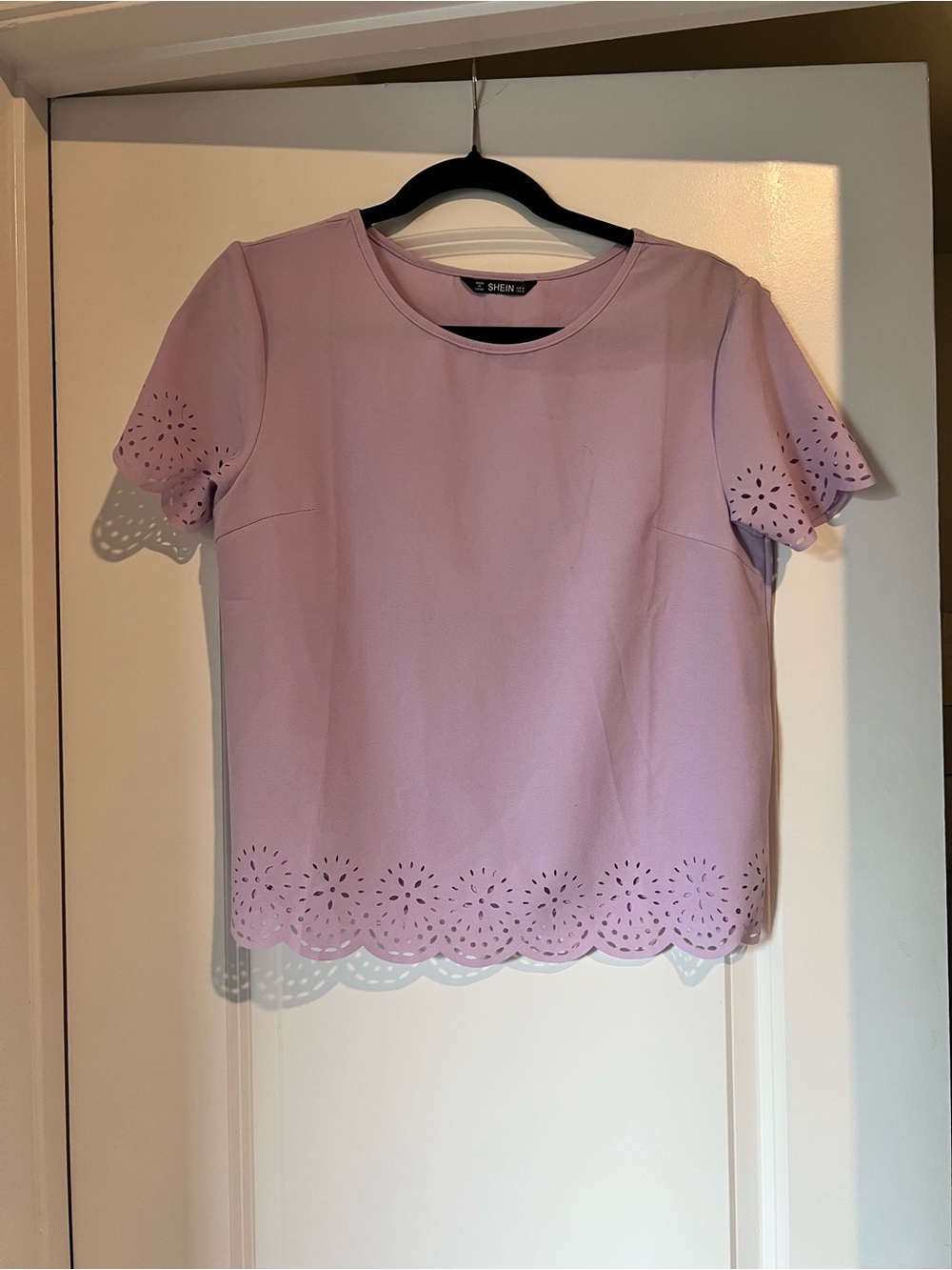 SHEIN Lavender Eyelet Scallop Hem Short Sleeve Top